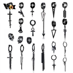 Stainless Steel Black Color Earrings Men Fashion Jewelry Punk Rock Clip Earring - Picture 1 of 26