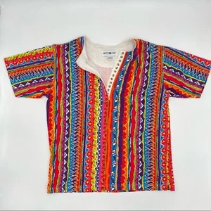 Vintage WHITE STAG Vibrant Striped T-Shirt Buttons 90s 1990s Fresh Prince - Picture 1 of 6