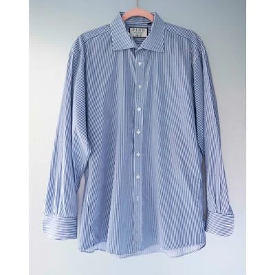 Thomas Pink Slim Fit Blue & White Striped Button Down Dress Shirt 17 1/2 13 1/2 - Image 1 of 4