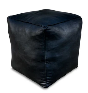 Square Moroccan Leather Pouf Black- Delivered Stuffed, Ottoman, Footstool - Picture 1 of 4