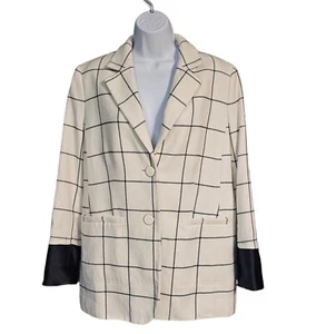 Tory Burch Blazer Holt Windowpane 2 Button Ivory Black Wool Jacket Size 12 - Picture 1 of 14