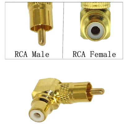24K Gold Plating RCA Male Plug To RCA Female Jack Right Angle Adapter Connector - Image 1 of 4
