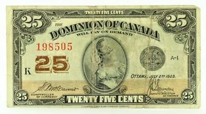 Dominion of Canada 1923 Twenty Five Cents DC-24C Shinplaster McCavour-Saunders - Bild 1 von 2