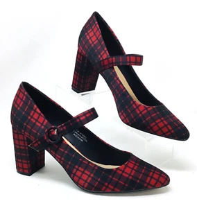 Comfort Womens Red & Black Plaid Fabric 3.5" Heels, Pumps Adjustable Strap 11 M - Picture 1 of 11