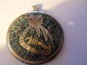 VINTAGE MEXICO LG STERLING PENDANT ..AZTEC DESIGN DBL SIDED..31.7 GR..SIGNED - Picture 1 of 4