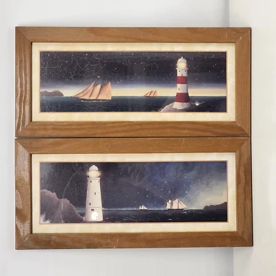 Martin Wiscombe Lighthouse Print Wall Art Wood Frame Distressed 10.5x22.5 Set 2 - Image 1 of 4