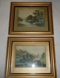 2 Antique 1921 Pastoral Framed Watercolors RIVER THAMES M Sidney Tylortown Wales - Picture 1 of 12