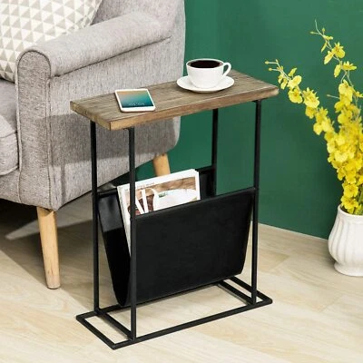 Modern Torched Wood & Metal Frame Accent Side/End Table w/ Magazine Holder Sling - Image 1 of 4