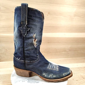Lucchese Classics Denim Jeans Westernstiefel Damen 9 blau eckige Zehenpartie abgenutzt - Bild 1 von 11