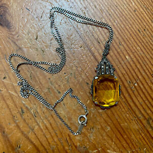 Vintage Faceted Citrine & Marcasite Silver Pendant Necklace Chain Amber Tone