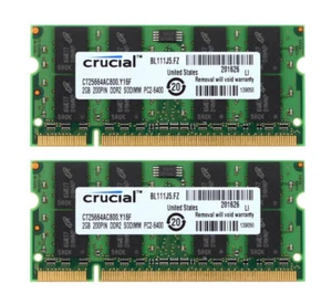 Crucial 2X 2GB DDR2 800Mhz 2Rx8 PC2-6400 200-pol. SODIMM RAM Laptop Speicher && - Picture 1 of 8
