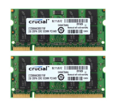 Crucial 2X 2GB DDR2 800Mhz 2Rx8 PC2-6400 200-pol. SODIMM RAM Laptop Speicher && - Bild 1 von 4