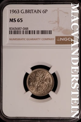 Great Britian:1963 Six Pence-NGC MS 65 Brilliant Uncirculated #SLG190 - Image 1 of 2