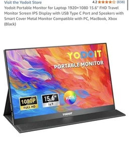 Yodoit Portable Monitor for Laptop 1920×1080 15.6" FHD Travel Monitor Screen - Picture 1 of 1