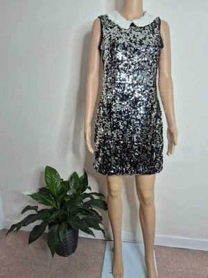 BNWT Rare Black & White Sequined Peter Pan Collar Mini Dress UK 10 - 12 Party - Image 1 of 4
