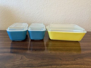 VINTAGE Pyrex set of 3 OLD REFRIGERATOR DISHES W LIDS - 0503 0502 - Picture 1 of 9
