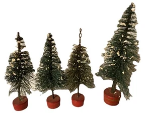 MCM 4 Christmas Bottle Brush Trees Red Wood Base Snow 1950s 5" + 3 3/4" - Picture 1 of 6