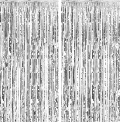 Paquete de 2 cortinas de papel aluminio telón de fondo plateado metálico oropel lámina flecos cortinas foto... Foto 1 de 4
