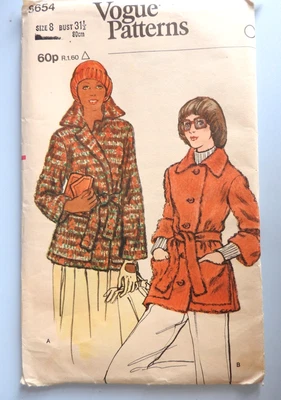 Vogue 8654 sewing pattern Jacket with collar & belt Size 8  UNCUT FF  c1973 - Image 1 of 2