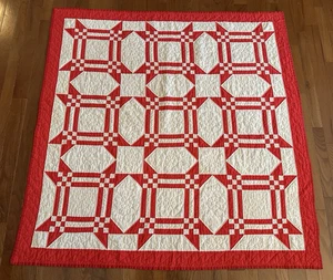 Vintage Red & White Hand Stitched Quilt 56”x56” Irish Chain Style Lap Throw - Picture 1 of 16