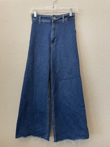 Pantalones de mezclilla para mujer Zara de pierna ancha tiro alto azules deshilachados talla 4 - Imagen 1 de 6