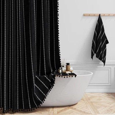 BTTN 超长浴帘,96 英寸波西米亚乡村条纹带流苏,黑色/白色 — 第 1/4 张图片