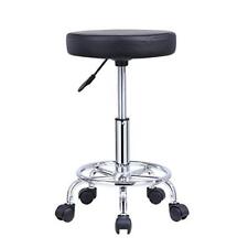 Black PU Leather Round Rolling Stool Swivel Height Adjustment Foot Rest