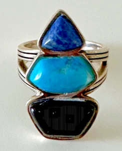Barse Sterling Silver Ring Southwest Blue Black Onyx Turquoise Etched Sz 7 925 - Picture 1 of 12