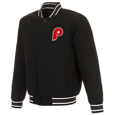 MLB Philadelphia Phillies Reversible Wool Jacket  2 Front Vintage Logos JH Black - Image 1 of 4