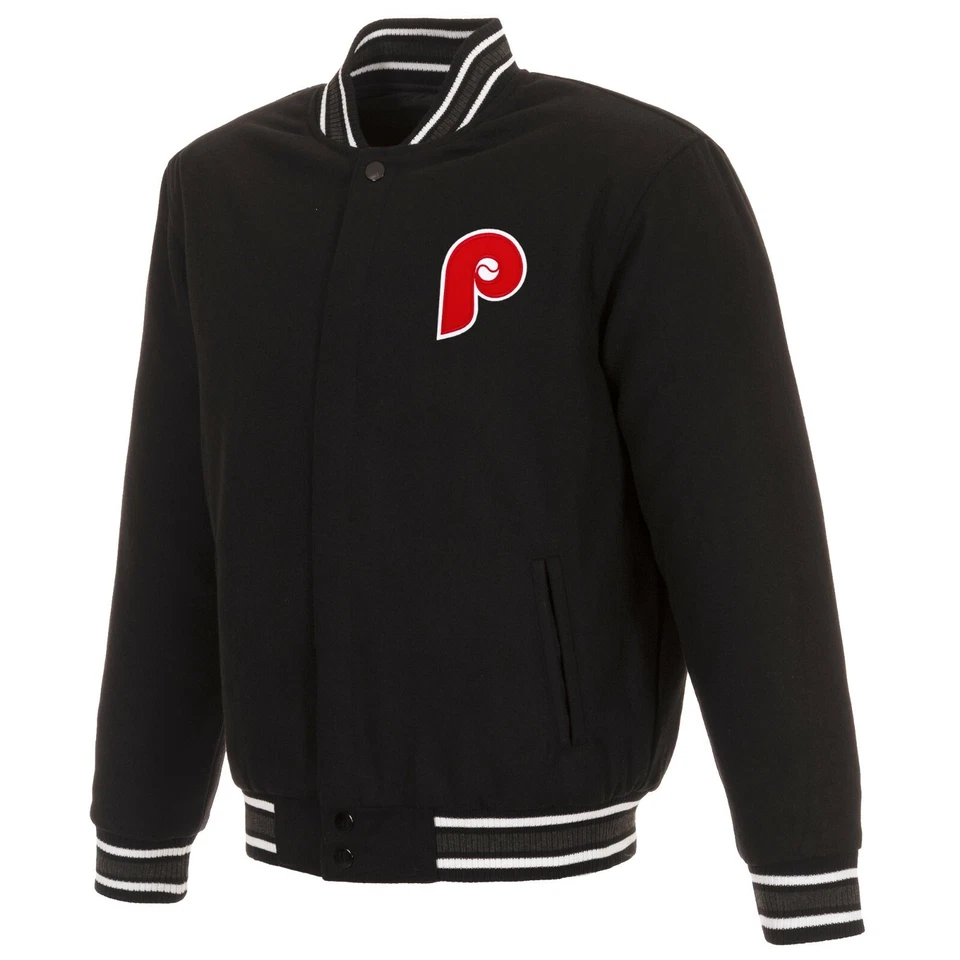 MLB Philadelphia Phillies Reversible Wool Jacket  2 Front Vintage Logos JH Black - Image 1 of 4