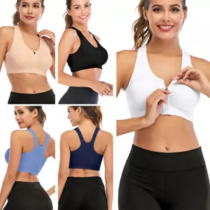 Women Padded Sports Bra Front Zip Seamless Yoga Gym Workout Adjustable Strap Top - Picture 1 of 20