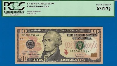 2004A $10 FRN Atlanta star PCGS 67PPQ 3rd finest Fr 2309-F* low serial 00005246* - Image 1 of 3