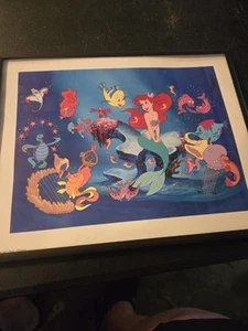 Vintage Disney The Little Mermaid Print Lithograph Ariel Friends Flounder Framed - Picture 1 of 1