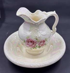 Jarra y lavabo vintage Arnel's, una pieza, rosas, brillo, coleccionista - Imagen 1 de 8