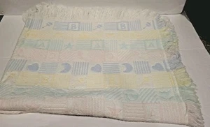 Vtg Pastel Letter Block Celestial Square Baby Blanket Acrylic Fringe Moon Star - Picture 1 of 8