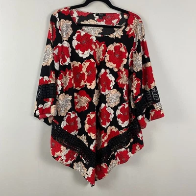 Blusa Pullover Floral Borde Crochet Alfani Talla 2X Roja Negra Mangas 3/4 Foto 1 de 4