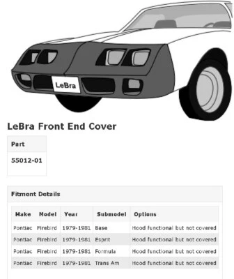 Cubierta delantera LeBra para Pontiac Firebird 1979-1981 Bra Covercraft 55012-01 Foto 1 de 4