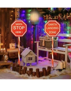 Solar Christmas Decorations Sign Lights - 2PCS 28 Inch Red Stop Sign Pole Santa - Picture 1 of 6