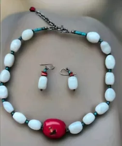 Barse White Agate Red Coral Turquoise Beaded Necklace 925 Sterling Earrings Set - Picture 1 of 20