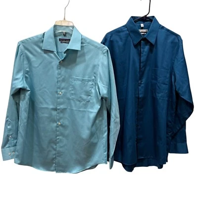Lote nuevo de 2 camisas GEOFFREY BEENE para hombre manga larga sin arrugas 16-34/35 azul azulado Foto 1 de 4