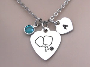 Pickleball Necklace with Initial & Birthstone, Pickleball Jewelry Gift Mom Wife - Picture 1 of 6