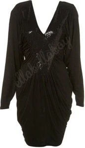 TOPSHOP Black Ruched Sequin Plunge V Neck Tulip Batwing 80s Power Dress UK8 10 - Picture 1 of 11