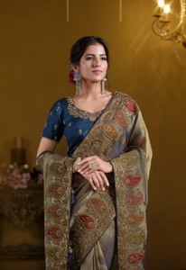 Designer Organza Tissue Silk Banarasi Crush Embroidered Saree with Blouse Piece - Picture 1 of 18