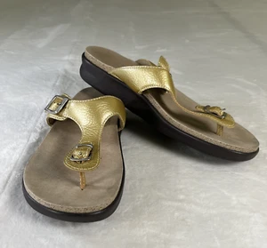 SAS Womens 10M Sanibel Gold Metallic Leather TStrap Thong Comfort Sandals Slides - Picture 1 of 13
