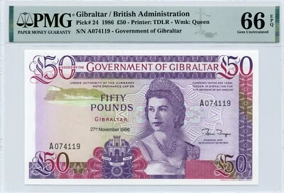50 Pounds 1986 Gibraltar/British Administration, Pick #24 - PMG Gem UNC 66 EPQ - Image 1 of 2