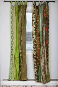 2 Pcs Indian Sari Patchwork Curtain Drape Window Decor Green Silk Sari Curtain - Picture 1 of 6
