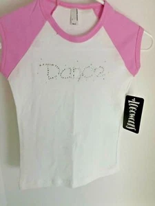 Girls Dance T-Shirt with Rhinstones White Pink Cap Sleeve Size Small New - Picture 1 of 1