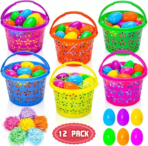 12 Pack Easter Baskets for Kids with 36Pcs Easter Eggs Empty and 60G Easter Gras - Picture 1 of 12
