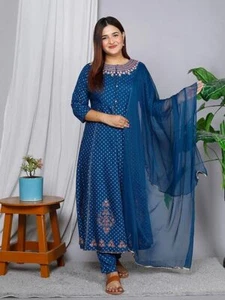 Women Blue Plus Size Embroidered Work Indian Kurta Top And Trousers With Dupatta - Picture 1 of 8
