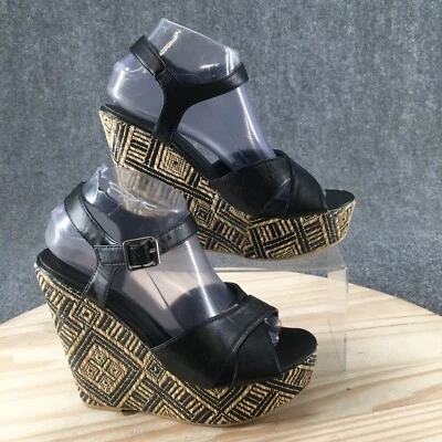 Tacones tórridos para mujer 8 informales plataforma cuña tiras correa negro imitación cuero Foto 1 de 4